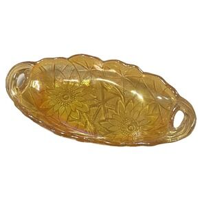 Vintage Indiana Glass Amber Carnival Floral Oval Dish Sunflower Trinket Marigold
